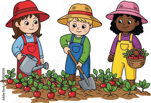 Three cartoon children in colorful overalls and straw hats gardening, one watering plants, one digging with a shovel, and one holding a basket of red apples, isolated on white background