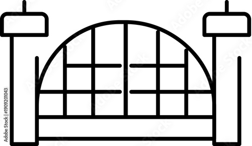 Hua lamphong railway station in bangkok rendered as a minimalist black and white line art icon, showing the historic train station silhouette and architectural outline for travel apps