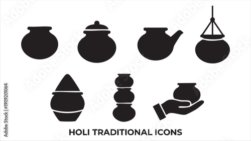 Set of black silhouette holi traditional icons including various styles of clay pots and earthen vessels