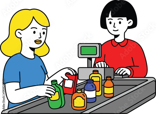 Customer purchasing cleaning products at checkout counter with cashier