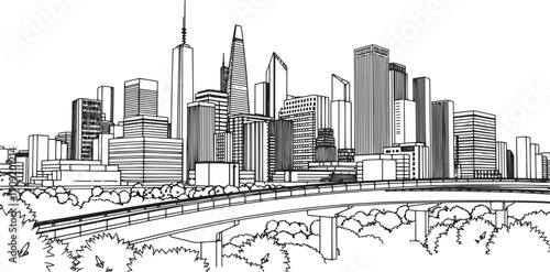 City landscape. Different buildings on street, outline cityscape hand sketch, flat houses. Hand drawn vector illustration