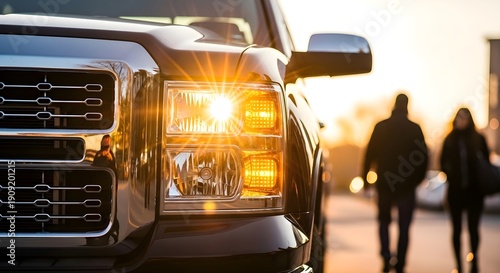 Pedestrian Road Safety: Bright truck headlights shining at sunset with blurred people crossing, automotive lighting technology, evening traffic hazard, vehicle visibilit
