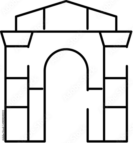 India gate, a famous delhi landmark, symbolizing heritage and tourism, presented as a minimalist black line art icon on a white background, representing travel and culture