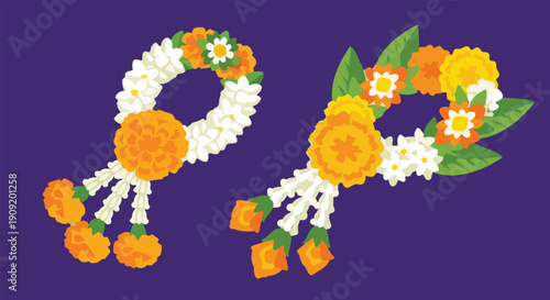 Vector Illustration Of Two Traditional Thai Flower Garlands On Purple Background