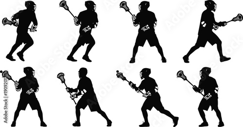 Lacrosse player silhouette set with athletes running passing shooting actions isolated on white background sport activity vector illustration design