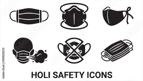 Set of black silhouette holi safety icons including various types of face masks and related symbols
