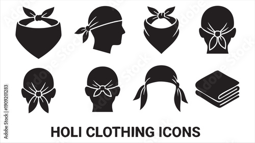 Set of black silhouette holi clothing icons including various styles of bandanas and folded clothes
