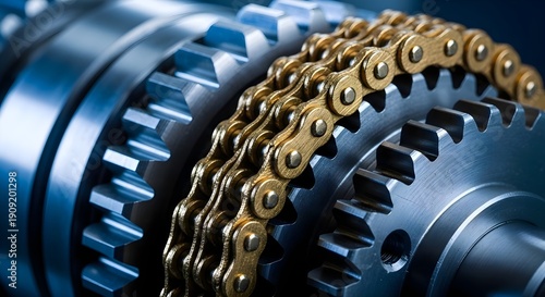 Precision Engine Mechanism: Close up of metallic gears and golden drive chain, industrial machinery parts, automotive transmission power, mechanical engineering and technical maintenance concept