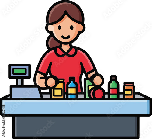 Illustration of a female shop assistant scanning products at a checkout counter