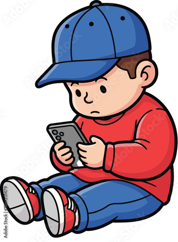 A young boy sitting on the floor, engrossed in his mobile phone, wearing a blue cap, red shirt, and blue jeans with a frowning expression.