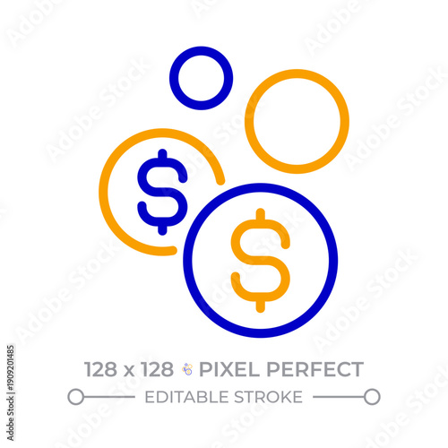 Floating coins pixel perfect two color line icon. Financial bubble. Money management during economy recession bicolor outline symbol. Duotone linear pictogram. Isolated illustration. Editable stroke