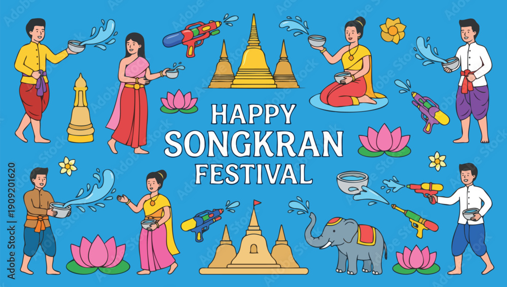 Obraz premium Traditional Thai Songkran Festival Illustration with People Splashing Water and Pagodas
