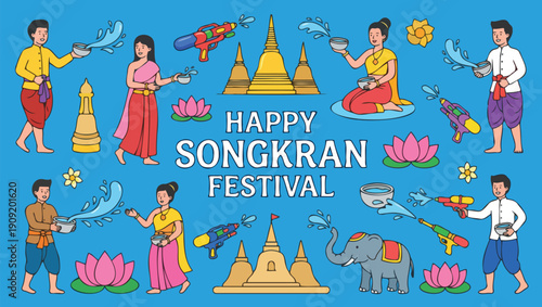 Traditional Thai Songkran Festival Illustration with People Splashing Water and Pagodas
