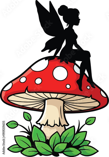 A whimsical fairy silhouette sits atop a vibrant red mushroom surrounded by lush greenery, viewed from a slight angle