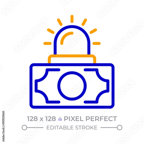Emergency fund pixel perfect two color line icon. Banknote with flashing light. Saving money. Financial aid bicolor outline symbol. Duotone linear pictogram. Isolated illustration. Editable stroke