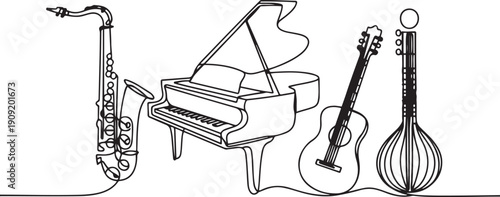 One continuous line musical Instruments. Orchestra saxophone, grand piano, acoustic guitar and sitar. Jazz music isolated vector set.one line icon illustration with white background