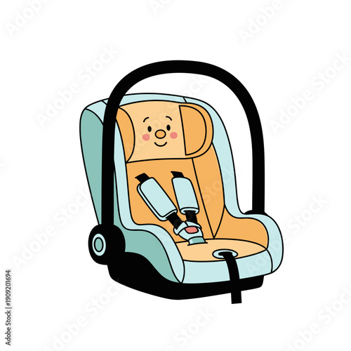 Cartoon baby car seat with smiling face and safety harness  