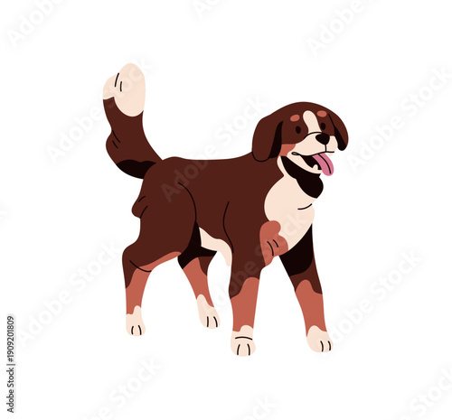 Happy puppy of Bernese Mountain dog. Cute doggy with sticking tongue smiles. Funny pup with positive emotions. Adorable pet, domestic animal. Flat isolated vector illustration on white background
