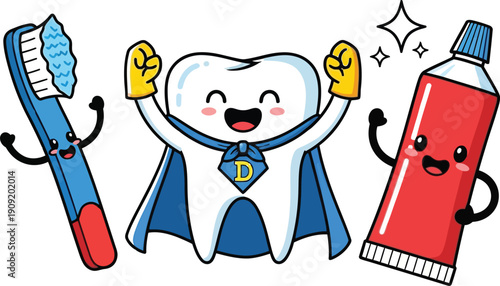 Happy cartoon tooth character with yellow gloves and blue cape, standing between a blue toothbrush with toothpaste and a red toothpaste tube, isolated on white background