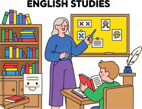 Teacher guiding student through English lesson at desk with books and blackboard in the background