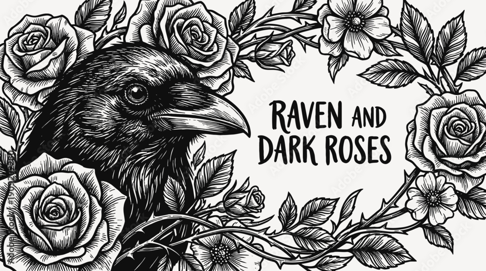Obraz premium raven face fused with dark rose floral composition in gothic ornamental tattoo design illustration representing artistic mystical nature symbol aesthetic decorative ink concept black and white