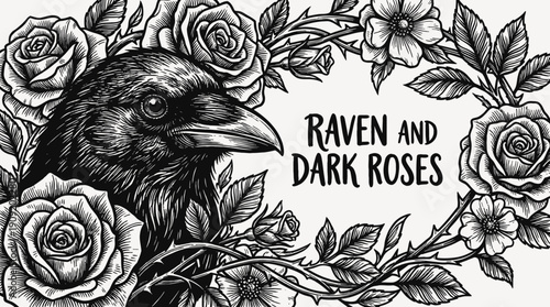 raven face fused with dark rose floral composition in gothic ornamental tattoo design illustration representing artistic mystical nature symbol aesthetic decorative ink concept black and white