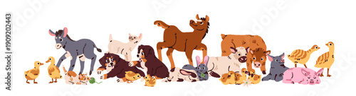 Cute babies of farm animals stand together. Group of funny livestock and pets: chicken, calves, puppies, lamb, kitten and piglets play and have fun. Flat isolated vector illustration on white