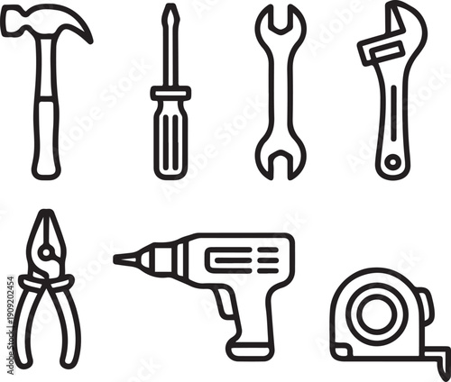 Repair tools one line set. Fixing things line art set.one line icon illustration with white background
