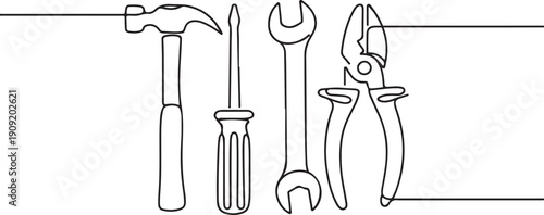 Repair tools one line set. Fixing things line art set.one line icon illustration with white background