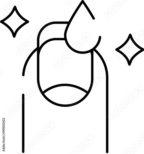 Finger receiving cuticle oil or nail polish application, showing a drop falling onto the nail surface for beauty care, hygiene, and treatment, surrounded by sparkle icons