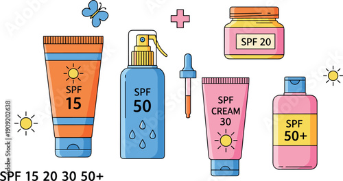 Sunscreen SPF products illustration with sun protection bottles creams and lotions flat vector design for skincare summer safety and cosmetic education projects