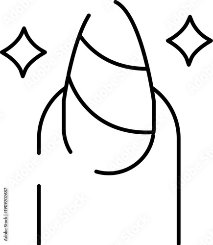 Fingernail with a finished manicure featuring clean decorative lines and sparkles, minimal black line vector style on white background representing beauty, salon care, and glamour
