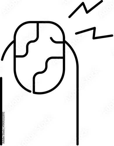 Finger with severe onychomycosis, damaged, discolored nail showing infection and pain symbol, medical line art illustration for dermatology, podiatry, healthcare use