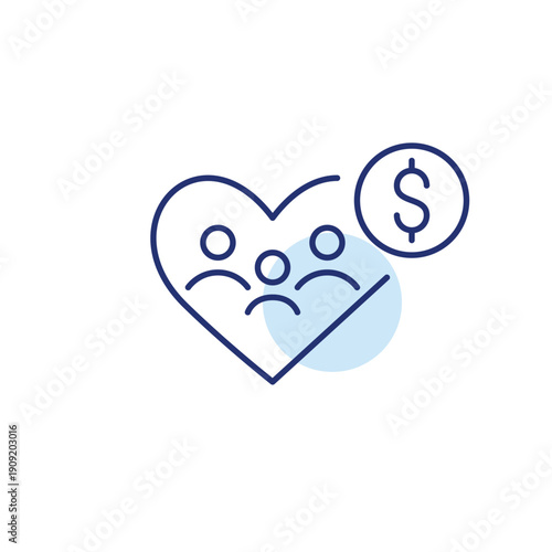 Family of three in heart and dollar. Family financial support and insurance, household budget care. Pixel perfect, editable stroke vector icon