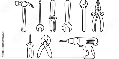 Repair tools one line set. Fixing things line art set.one line icon illustration with white background