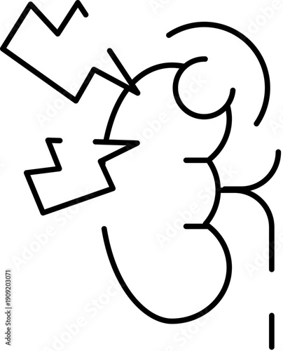Human kidney organ depicted as a minimalist line icon showing sharp pain represented by thunderbolt shapes, illustrating a medical concept of illness and discomfort within the urinary system