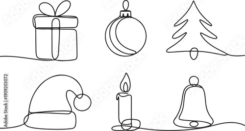 set of christmas one line doodles. christmas continuous on line drawing. gift box, christmas ball, christmas tree, santa claus hat, candle and bell.one line icon illustration with white background