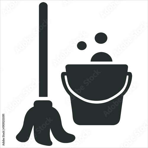 Minimalist Cleaning Supplies Silhouette Mop and Soapy Bucket Housekeeping Icon Vector