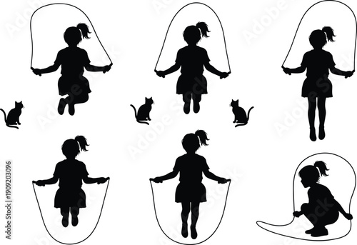 Child jumping rope silhouette set with little girl playing skipping game isolated on white background childhood activity vector illustration