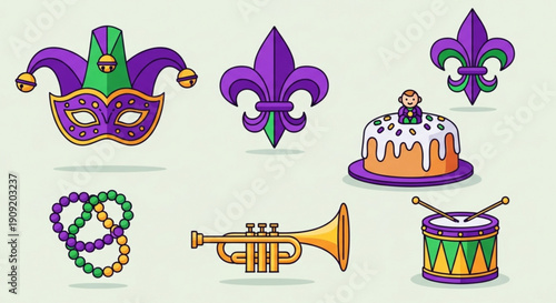 Mardi gras celebration icons including colorful mask beads cake trumpet and drum on light background