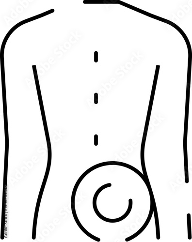 Person's outline showing lower back pain and discomfort, with a highlighted area indicating inflammation or injury in the spinal region, representing medical and health issues