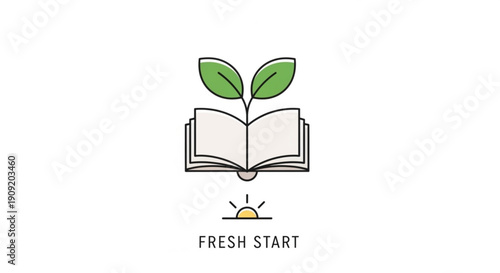 Fresh start concept with book and sprouting plant at sunrise