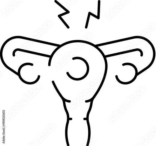 Uterus illustration showing pain or discomfort with lightning bolt symbols, representing reproductive health problems, menstrual cramps, or gynecological conditions