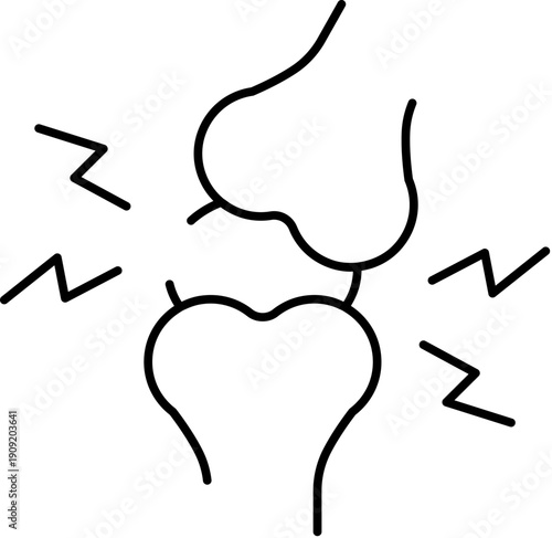 Knee joint icon showing pain and inflammation with lightning bolts highlighting injury or ache in bones, tendons and cartilage, symbolizing arthritis or trauma