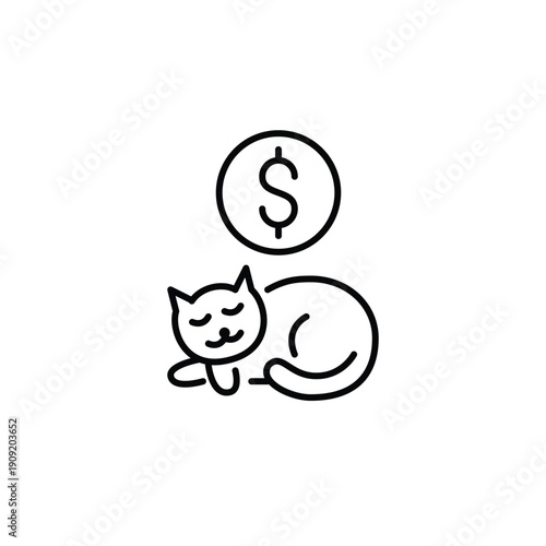 Sleeping cat and dollar. Pet cost, cat care payment, veterinary expense. Pixel perfect, editable stroke vector icon