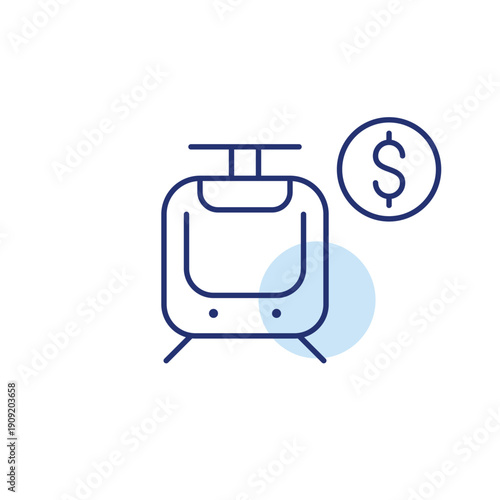 Tram and dollar. Public transport cost, bus fare payment, transit expense. Pixel perfect, editable stroke vector icon
