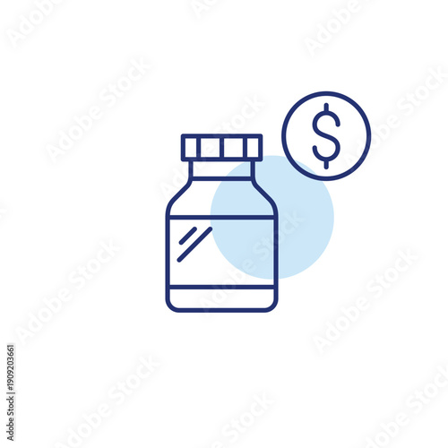 Bottle of pills and dollar. Medication refill and healthcare costs. Pixel perfect, editable stroke vector icon