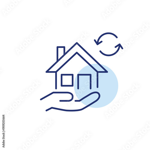 House in hand and renew arrows. Smart home system update, real estate transactions. Rent and lease renewal. Pixel perfect, editable stroke vector icon