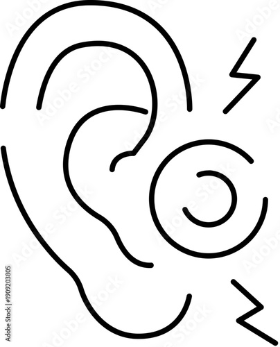 Human ear shown in line art with a circular symbol and lightning bolts indicating pain, infection, or auditory issues like tinnitus and hearing problems
