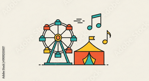 Vibrant carnival scene with colorful ferris wheel and tent illustration perfect for entertainment and leisure designs